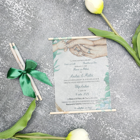 Invitatii nunta & botez - Invitatie nunta si botez Family - cu betisoare din lemn -cod: N172