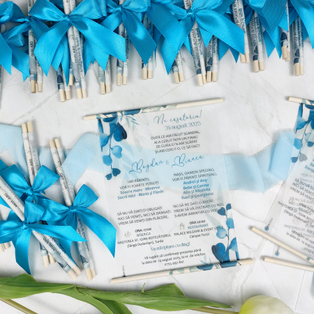Invitatii Nunta - Invitatie nunta BLUE FLOWERS - cu betisoare din lemn, cod: N151