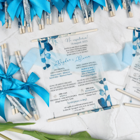 Invitatie nunta BLUE FLOWERS - cu betisoare din lemn, cod: N151 [2]