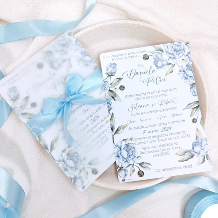 Invitatii Nunta - Invitatie nunta BUJORI ALBASTRI - cu funda, cod: N161