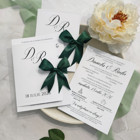 Invitatii - Invitatie nunta Minimalista, cu funda Verde Smarald- cod: N176