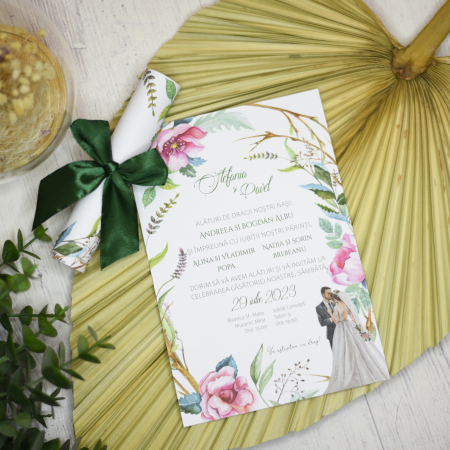 Invitatii Nunta - Invitatie nunta FLORALA, cu funda - cod: N104