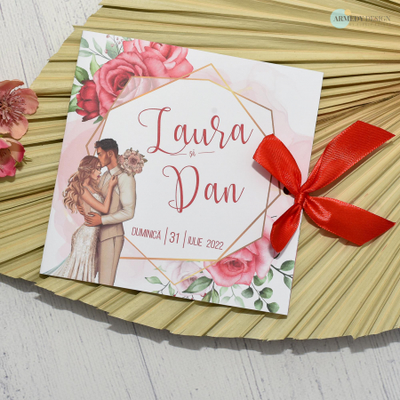 Invitatii Nunta - Invitatie nunta TRANDAFIRI ROSII - CU MIRI, tip felicitare, cu funda - cod: N145