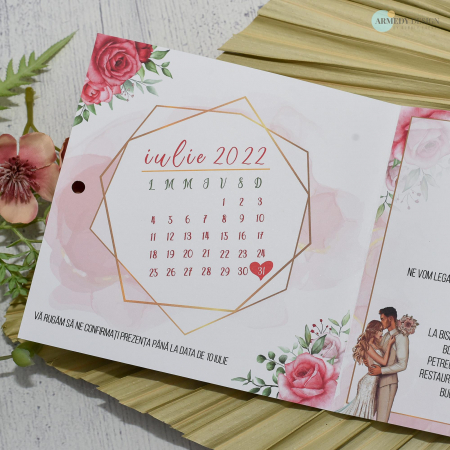 Invitatie nunta TRANDAFIRI ROSII - CU MIRI, tip felicitare, cu funda - cod: N145 [1]