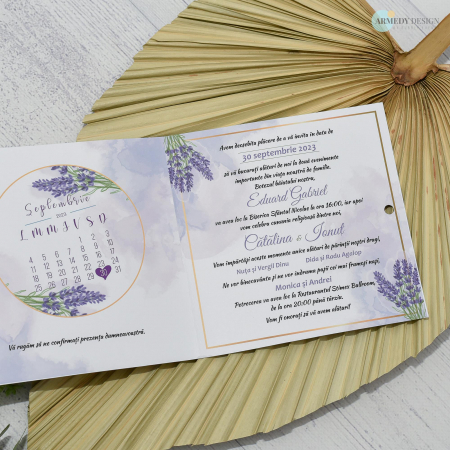 Invitatie nunta LAVANDA, cu miri - tip felicitare - legata cu funda, cod: N154 [2]