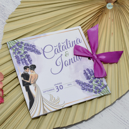 Invitatii Nunta - Invitatie nunta LAVANDA, cu miri - tip felicitare - legata cu funda, cod: N154