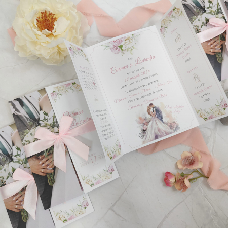 Invitatie nunta Florala, verde smarald - cu snur auriu, cod: N162 [2]