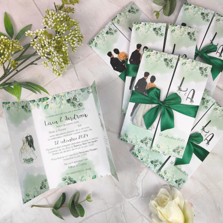 Invitatii Nunta - Invitatie nunta Greenery - cu funda verde, cod: N164