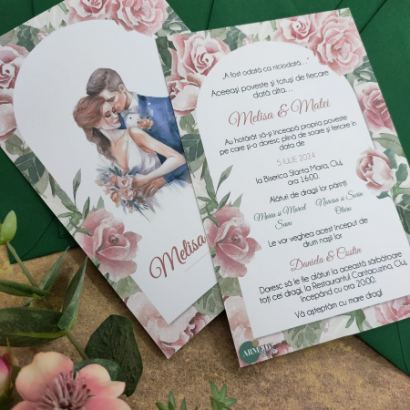 Invitatii - Invitatie nunta TRANDAFIRI ROZ CU MIRI, - cod: N126