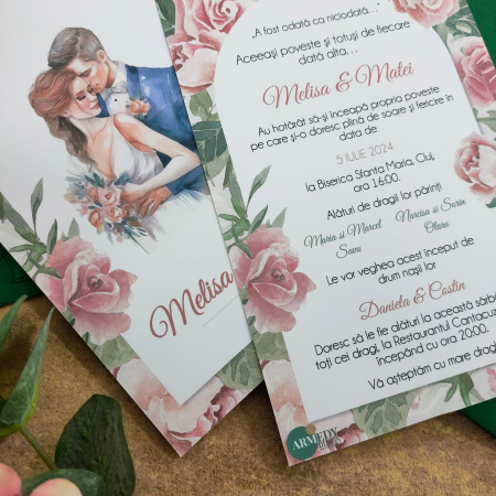 Invitatie nunta TRANDAFIRI ROZ CU MIRI, - cod: N126 [1]