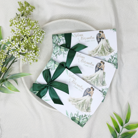 Invitatii Nunta - Invitatie nunta GREENERY, cu funda - cod: N160