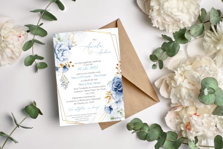 Invitatie nunta FLORI ALBASTRE , cu plic craft - cod: N105