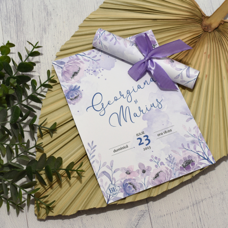 Invitatii - Invitatie nunta FLORI MOV, cu funda - cod: N108