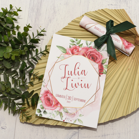 Invitatii - Invitatie nunta FLORI ROSII, cu funda - cod: N109