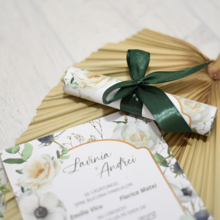Invitatie nunta TRANDAFIRI ALBI, cu funda - cod: N110 [2]