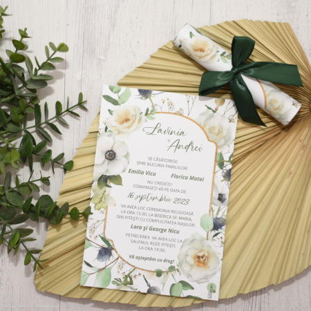 Invitatii Nunta - Invitatie nunta TRANDAFIRI ALBI, cu funda - cod: N110