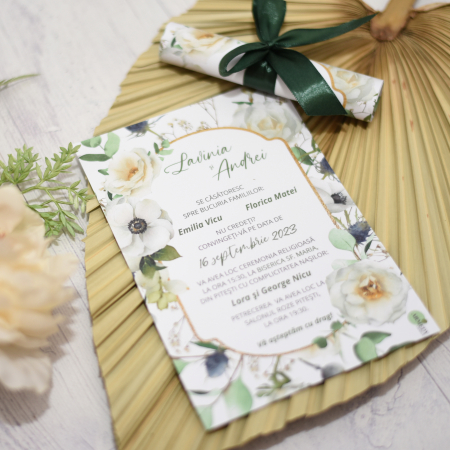 Invitatie nunta TRANDAFIRI ALBI, cu funda - cod: N110 [1]
