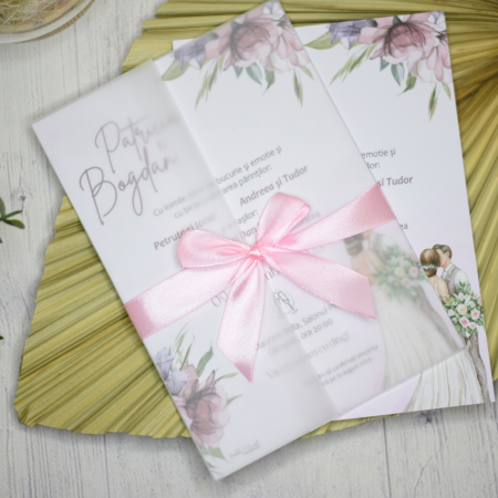 Invitatii Nunta - Invitatie nunta FLORI ROZ, cu foaie de calc si funda - cod: N102