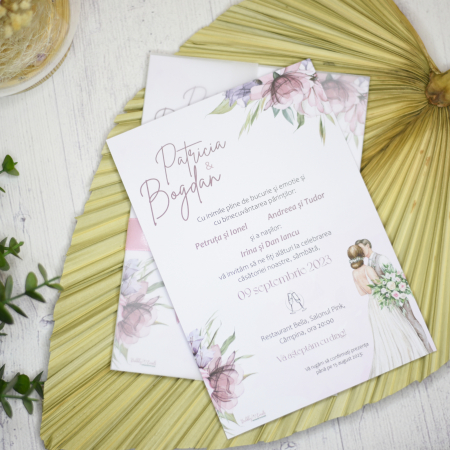Invitatie nunta FLORI ROZ, cu foaie de calc si funda - cod: N102 [1]