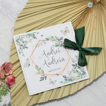 Invitatii Nunta - Invitatie nunta GREENERY, tip felicitare - cu funda cod: N150
