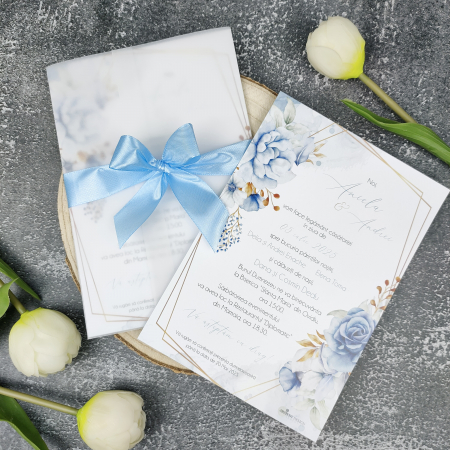 Invitatie nunta Blue Flowers, cu funda - cod: N147 [1]