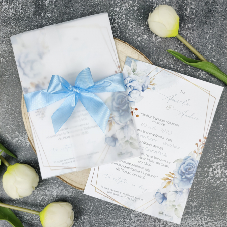 Invitatii Nunta - Invitatie nunta Blue Flowers, cu funda - cod: N147