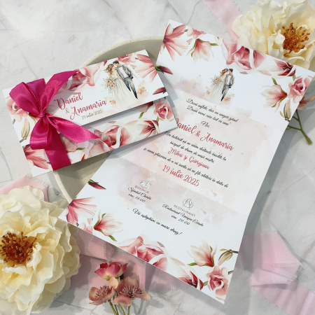 Invitatii Nunta - Invitatie nunta FLORALA, cu funda - cod: N171