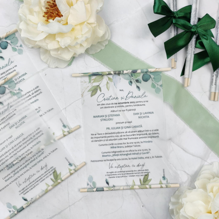 Invitatii Nunta - Invitatie nunta Greenery, cu betisoare din lemn- cod: N148