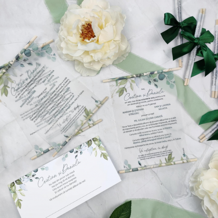 Invitatie nunta Greenery, cu betisoare din lemn- cod: N148 [1]