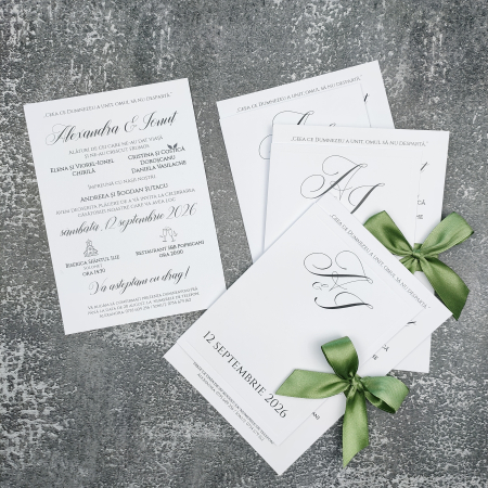 Invitatii Nunta - Invitatie nunta Minimalista,cu funda Olive - cod: N175