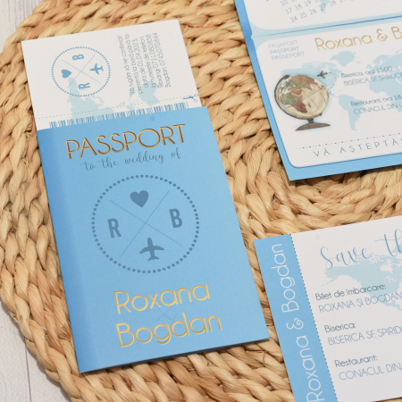 Invitatie nunta PASAPORT CU BILET DE AVION, albastru pastel - cod: N120 [2]