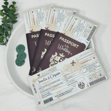 Invitatie nunta PASAPORT CU BILET DE AVION, maro - cod: N157 [1]