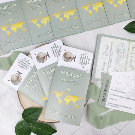 Invitatii Nunta - Invitatie nunta PASAPORT CU BILET DE AVION, verde saga - cod: N169