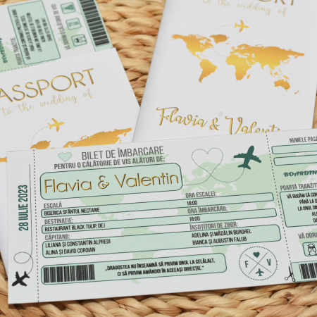Invitatie nunta PASAPORT CU BILET DE AVION, alb cu auriu - cod: N118 [1]