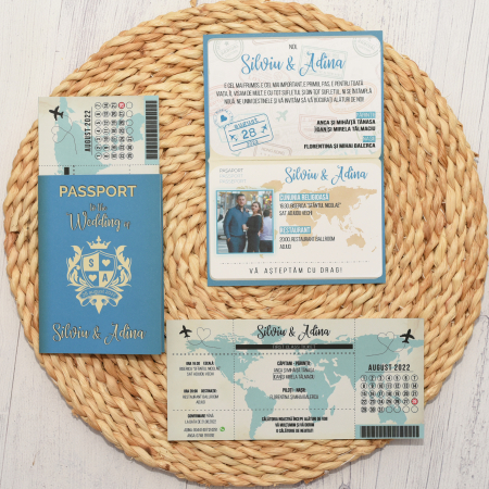 Invitatii Nunta - Invitatie nunta PASAPORT CU BILET DE AVION, albastru - cod: N117