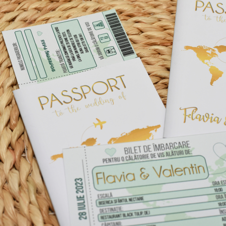 Invitatie nunta PASAPORT CU BILET DE AVION, alb cu auriu - cod: N118 [3]