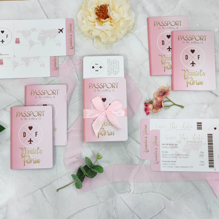 Invitatii Nunta - Invitatie nunta PASAPORT CU BILET DE AVION, roz, legata cu funda  - cod: N152