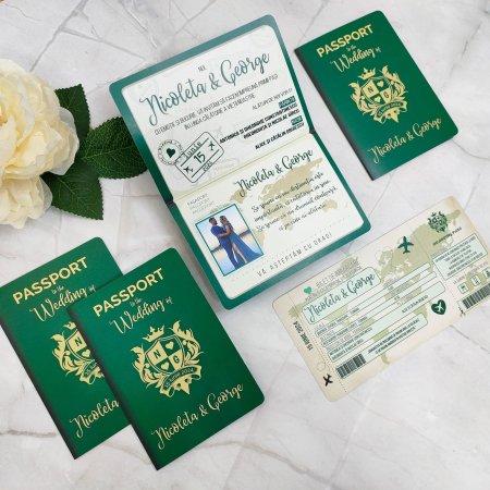 Invitatii Nunta - Invitatie nunta PASAPORT CU BILET DE AVION, verde - cod: N114