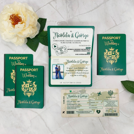 Invitatie nunta PASAPORT CU BILET DE AVION, verde - cod: N114 [1]