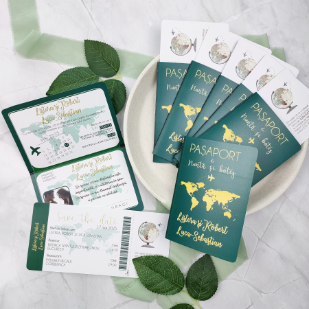 Invitatie nunta PASAPORT CU BILET DE AVION, verde natura - cod: N121 [1]