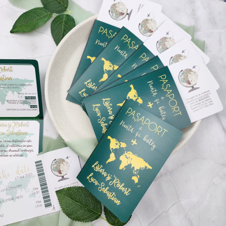 Invitatii - Invitatie nunta PASAPORT CU BILET DE AVION, verde natura - cod: N121