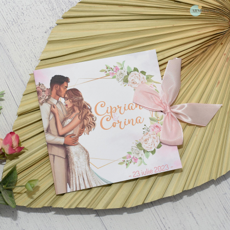 Invitatii - Invitatie nunta FLORALA - CU MIRI, tip felicitare, cu funda - cod: N144
