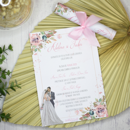 Invitatii Nunta - Invitatie nunta ROMANTIC, cu funda - cod: N106