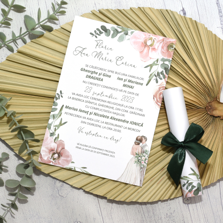 Invitatii - Invitatie nunta ROZ PASTEL, cu funda - cod: N128