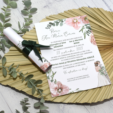 Invitatie nunta ROZ PASTEL, cu funda - cod: N128 [3]