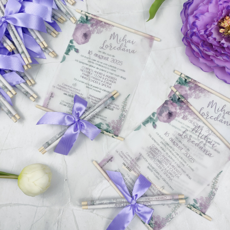 Invitatie nunta BUJORI LILA - cu betisoare din lemn -cod: N170 [1]