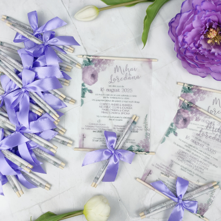 Invitatie nunta BUJORI LILA - cu betisoare din lemn -cod: N170 [2]