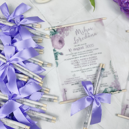 Invitatii Nunta - Invitatie nunta BUJORI LILA - cu betisoare din lemn -cod: N170