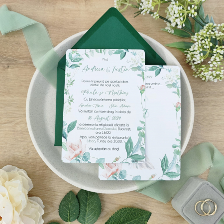 Invitatii - Invitatie nunta FLORALA, cu plic verde - cod: N136