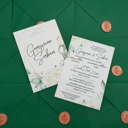 Invitatii - Invitatie nunta TRANDAFIRI ALBI, cu plic si sigiliu- cod: N137
